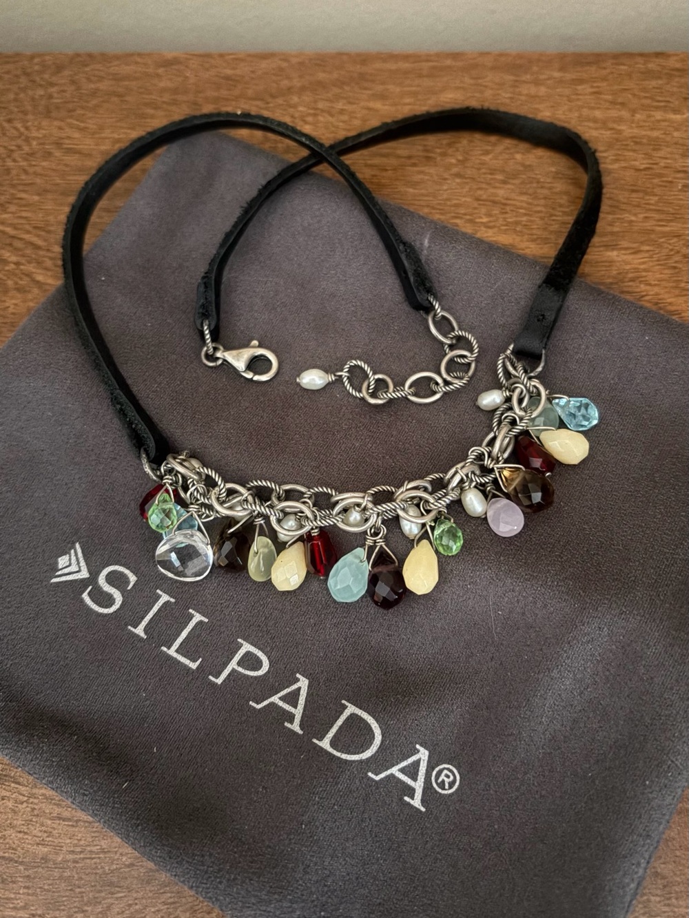 Silpada 925 Sterling Silver Multi Stone Black Leather Adjustable Necklace N1263